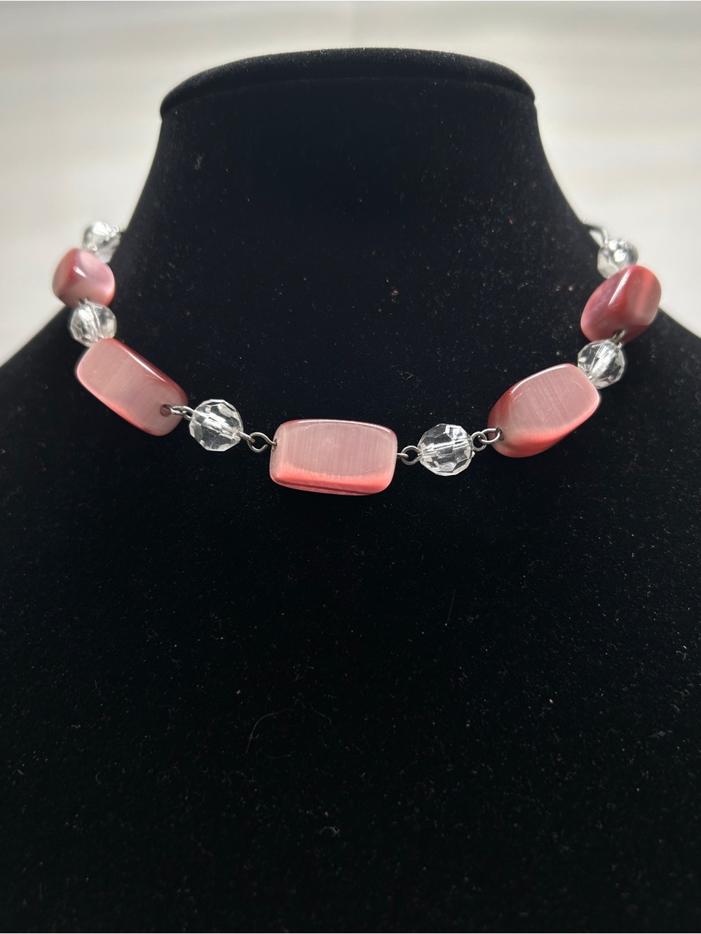 Vintage Pink Moonstone, Clear Crystal And Silver Short Choker Necklace